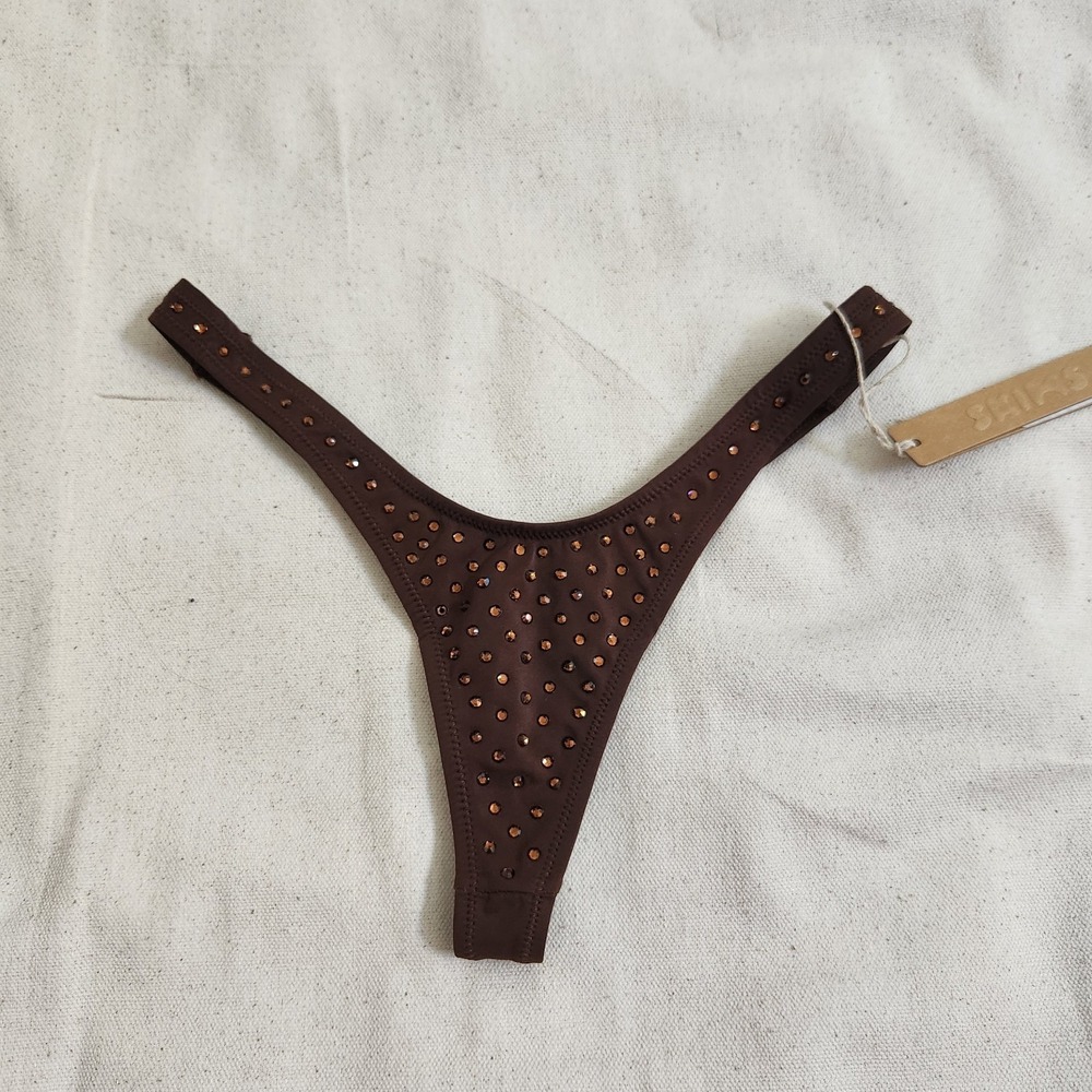 New SKIMS Sparkle Jersey Mini Thong Swarovski Crystal Cocoa Brown S Small